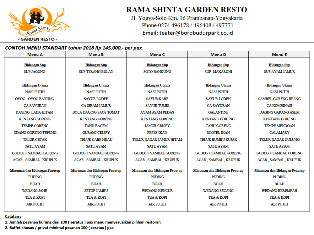 daftar menu dinner di rama shinta garden resto prambanan